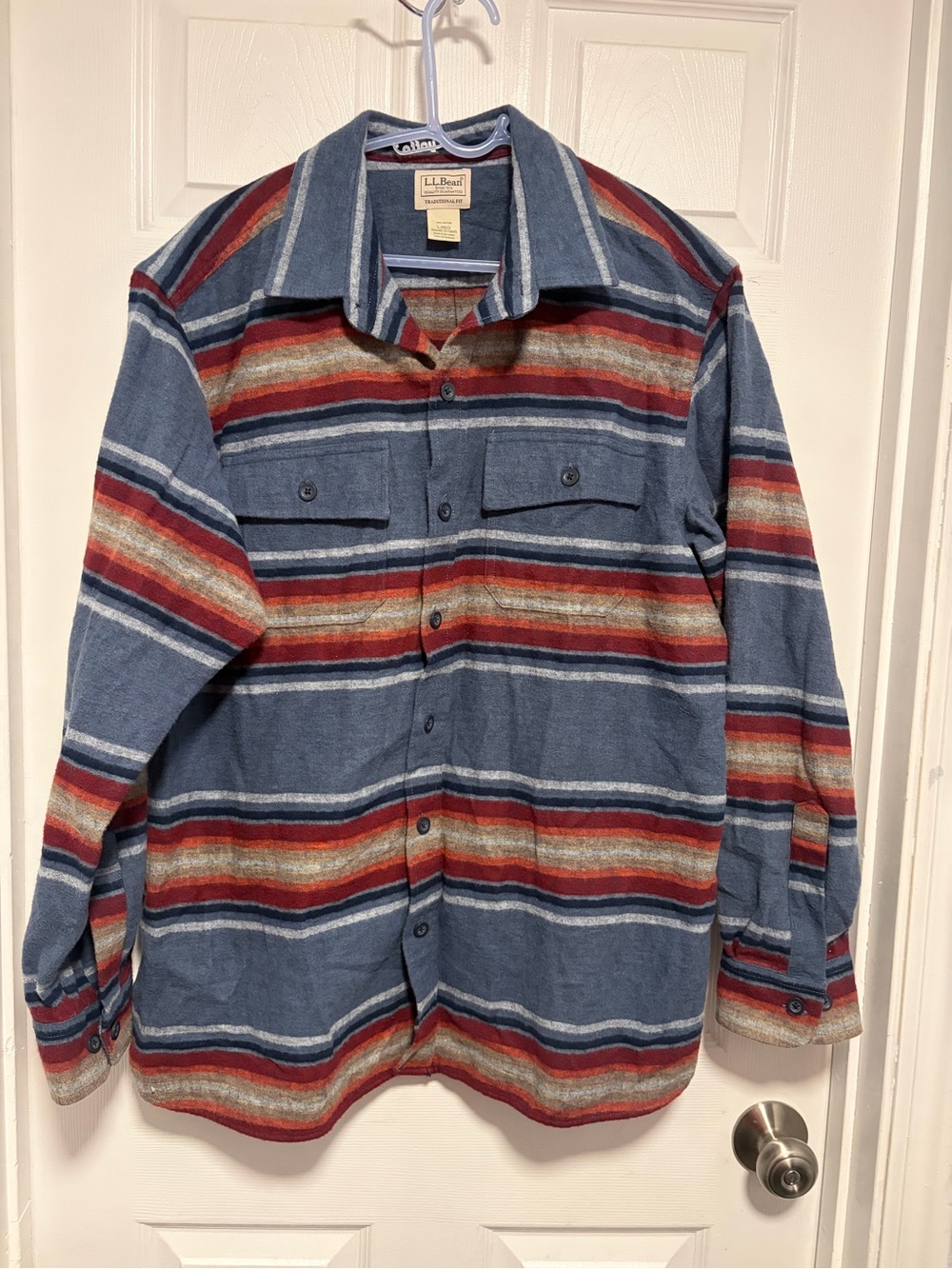 L.L. Bean Men's Blue Striped Button-Down Shirt Jacket with Red and Cream Bands